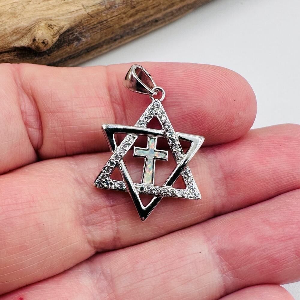 Sterling Silver Star of David Lab Opal Cross CZ Pendant - Picture 6 of 7